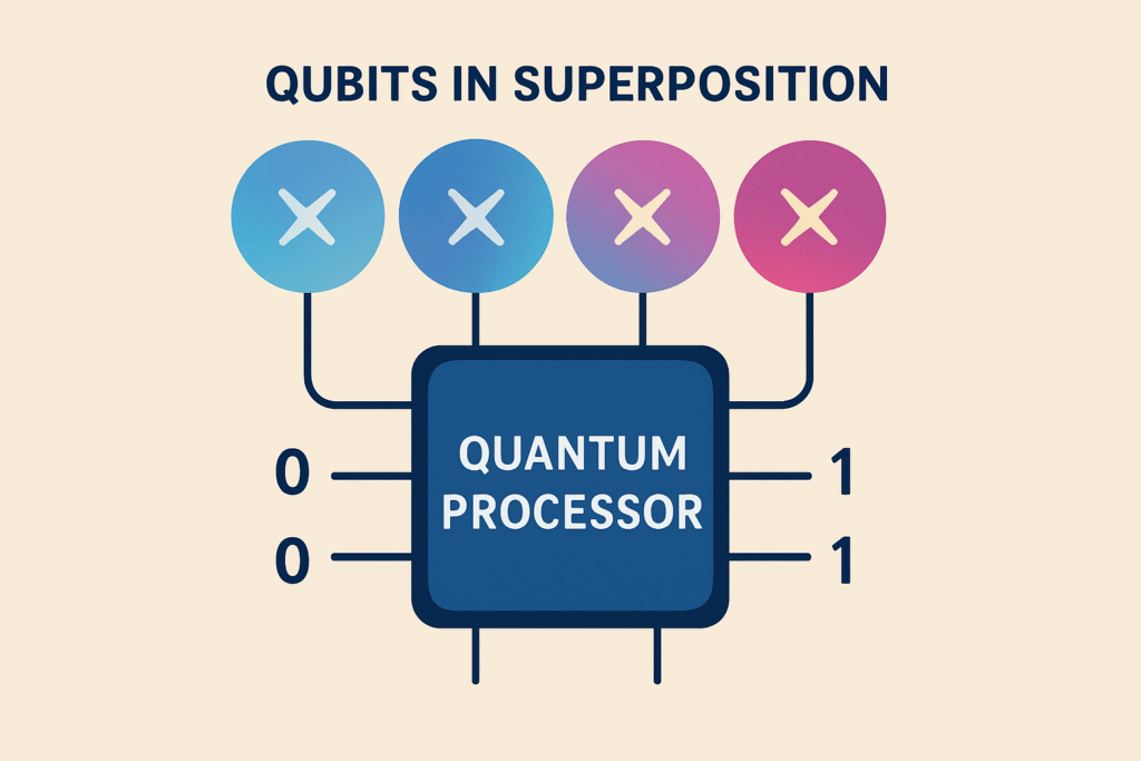 Diagrama simplificado de processador quântico escalável mostrando qubits e correção de erros para acessibilidade SEO